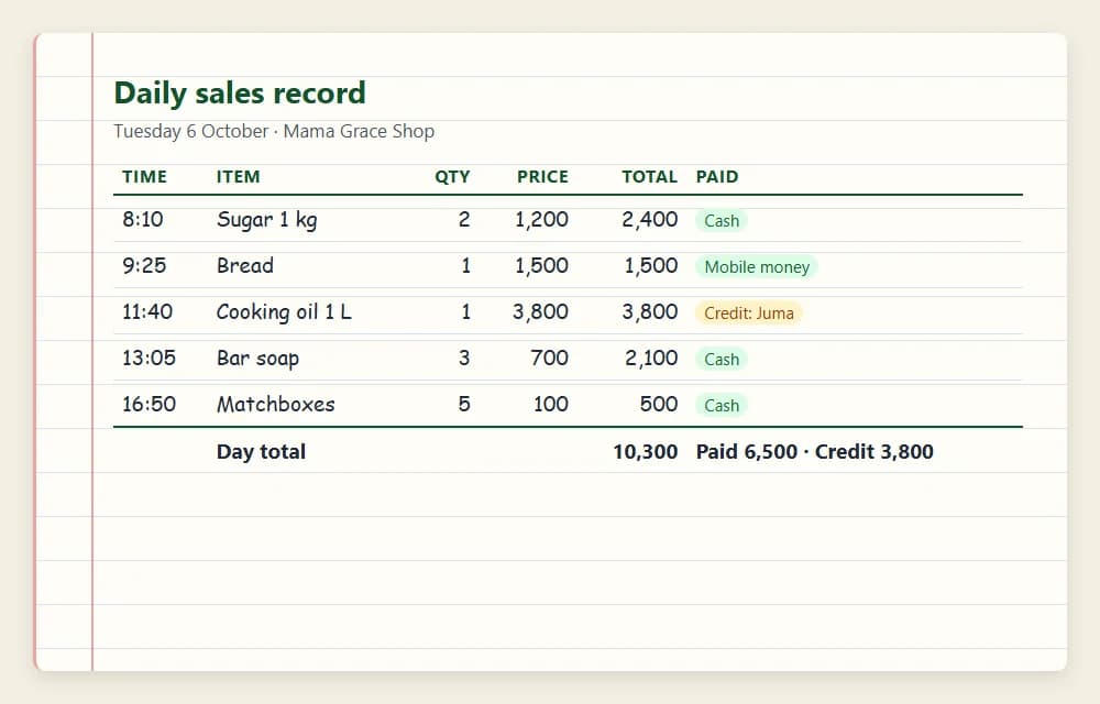 A daily sales record page with columns for time, item, quantity, price, total and paid or credit, filled in for five sales
